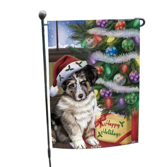 Christmas Happy Holidays Australian Shepherd Dog with Tree and Presents Garden Flag