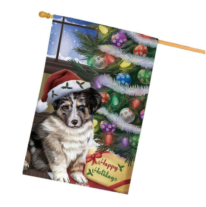 Christmas Happy Holidays Australian Shepherd Dog with Tree and Presents House Flag