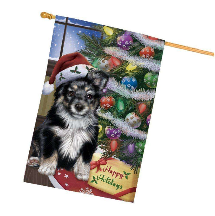 Christmas Happy Holidays Australian Shepherd Dog with Tree and Presents House Flag