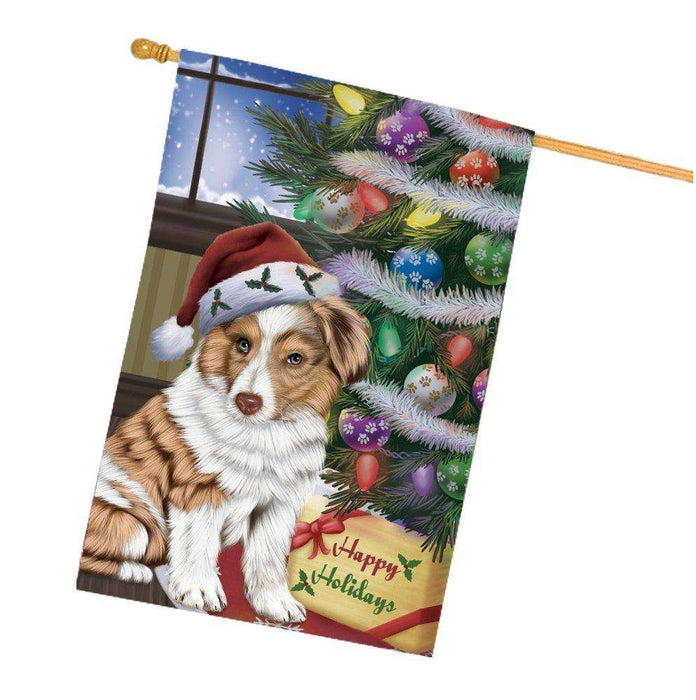 Christmas Happy Holidays Australian Shepherd Dog with Tree and Presents House Flag