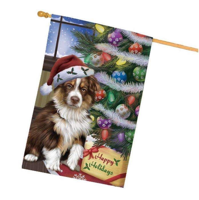 Christmas Happy Holidays Australian Shepherd Dog with Tree and Presents House Flag