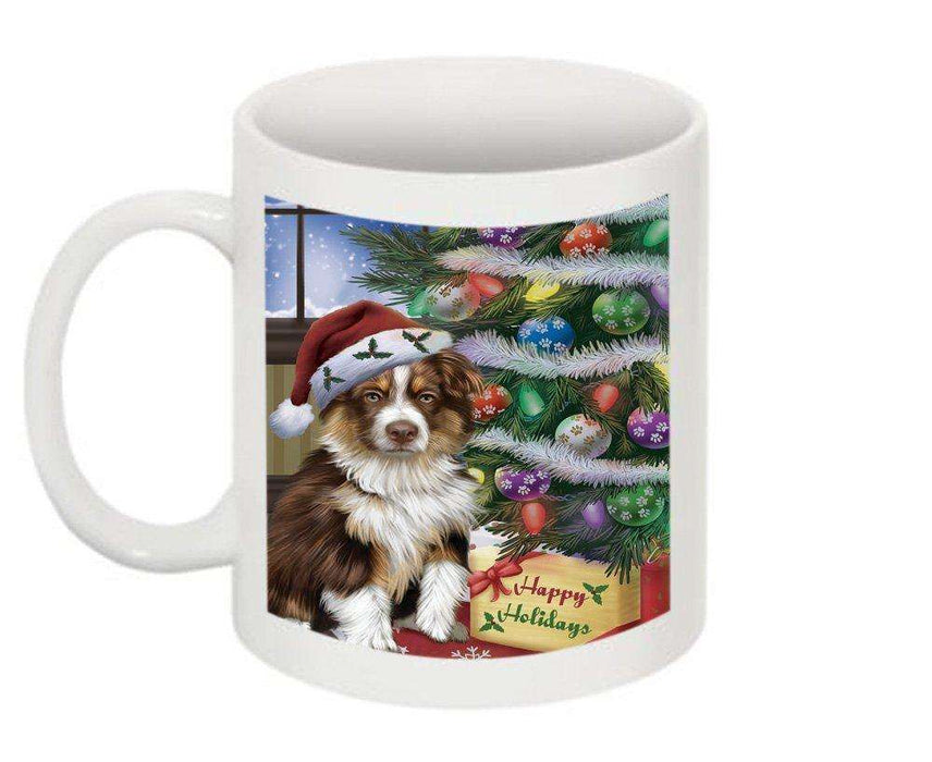 Christmas Happy Holidays Australian Shepherd Dog with Tree and Presents Mug CMG0044