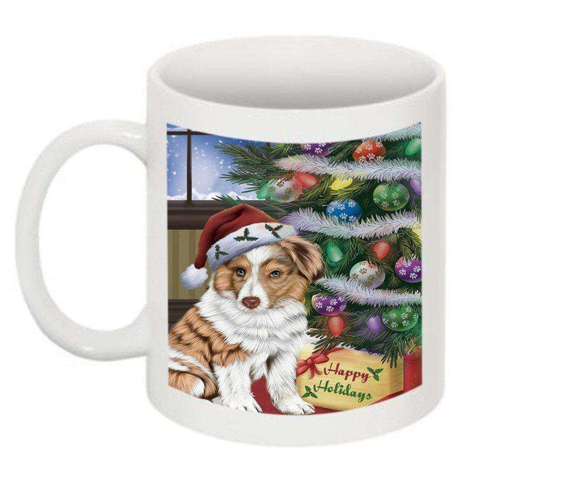 Christmas Happy Holidays Australian Shepherd Dog with Tree and Presents Mug CMG0045