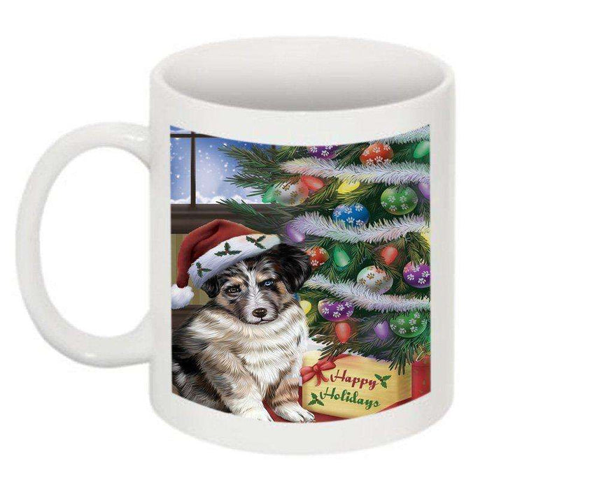 Christmas Happy Holidays Australian Shepherd Dog with Tree and Presents Mug CMG0047