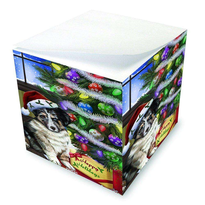 Christmas Happy Holidays Australian Shepherd Dog with Tree and Presents Note Cube D073