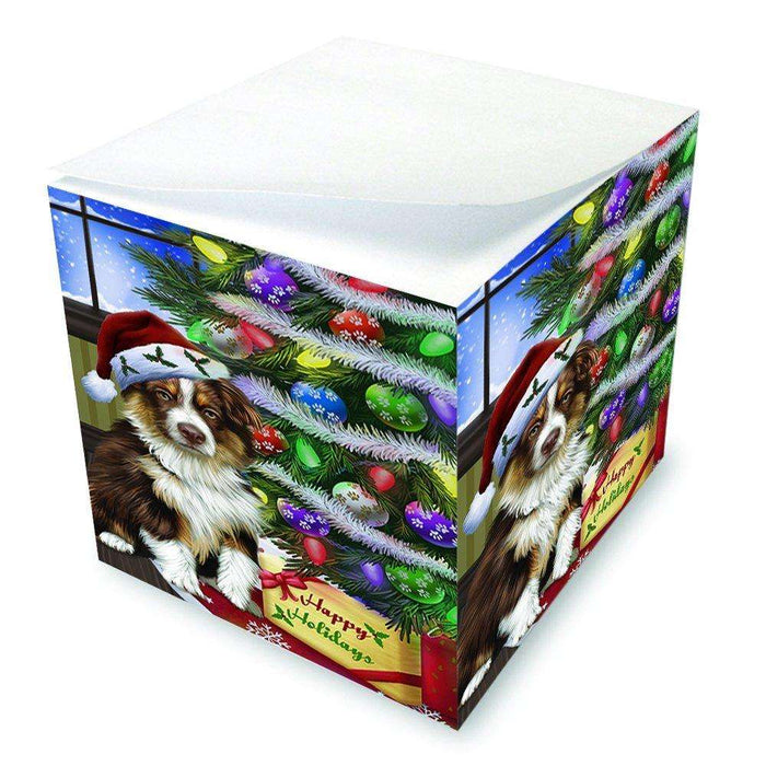 Christmas Happy Holidays Australian Shepherd Dog with Tree and Presents Note Cube D074