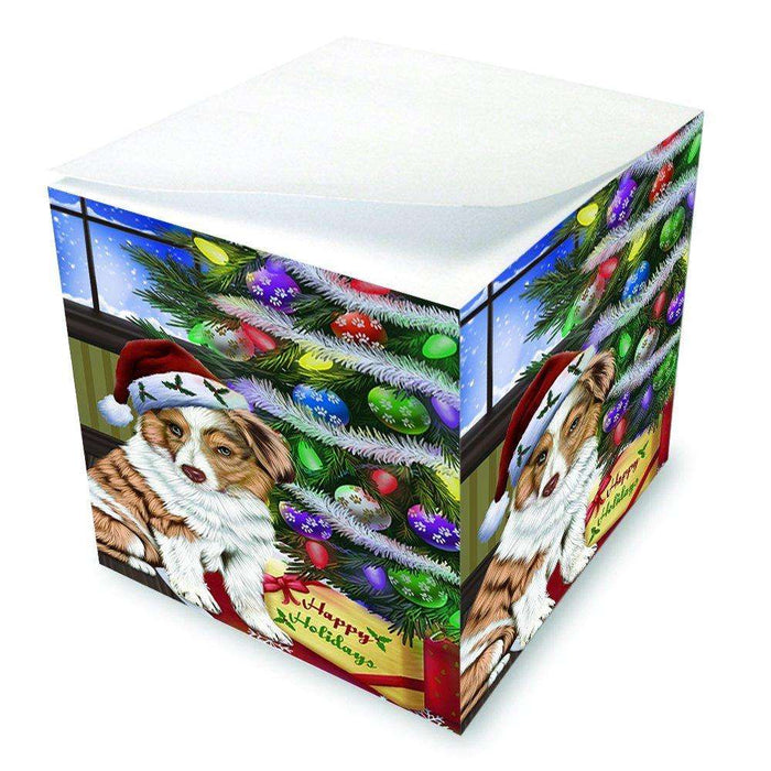 Christmas Happy Holidays Australian Shepherd Dog with Tree and Presents Note Cube D075