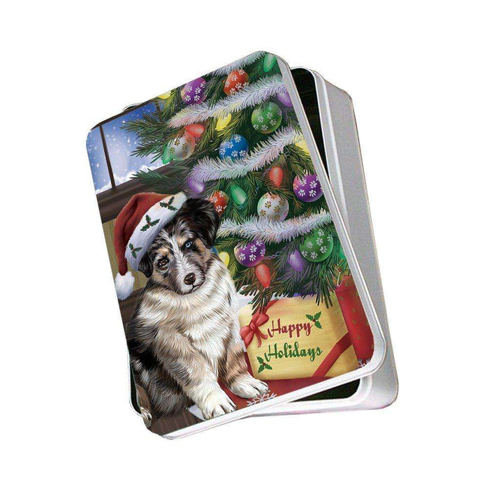 Christmas Happy Holidays Australian Shepherd Dog with Tree and Presents Photo Storage Tin