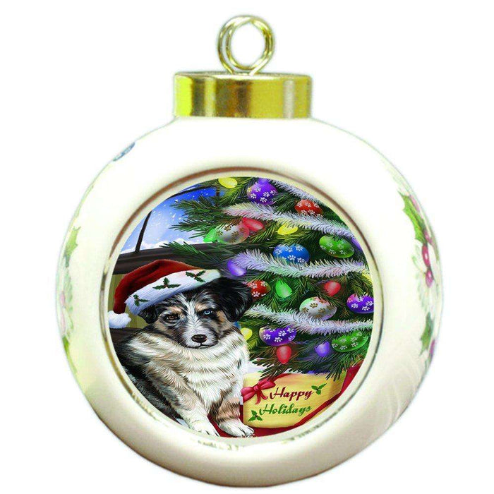 Christmas Happy Holidays Australian Shepherd Dog with Tree and Presents Round Ball Ornament D077