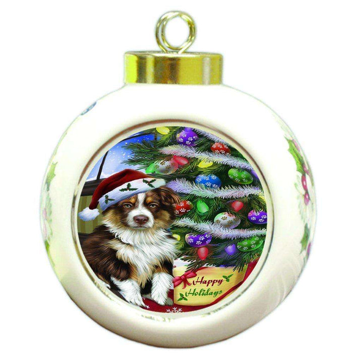 Christmas Happy Holidays Australian Shepherd Dog with Tree and Presents Round Ball Ornament D078