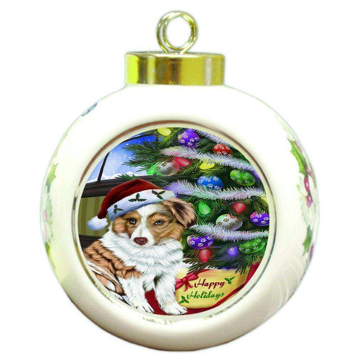Christmas Happy Holidays Australian Shepherd Dog with Tree and Presents Round Ball Ornament D079