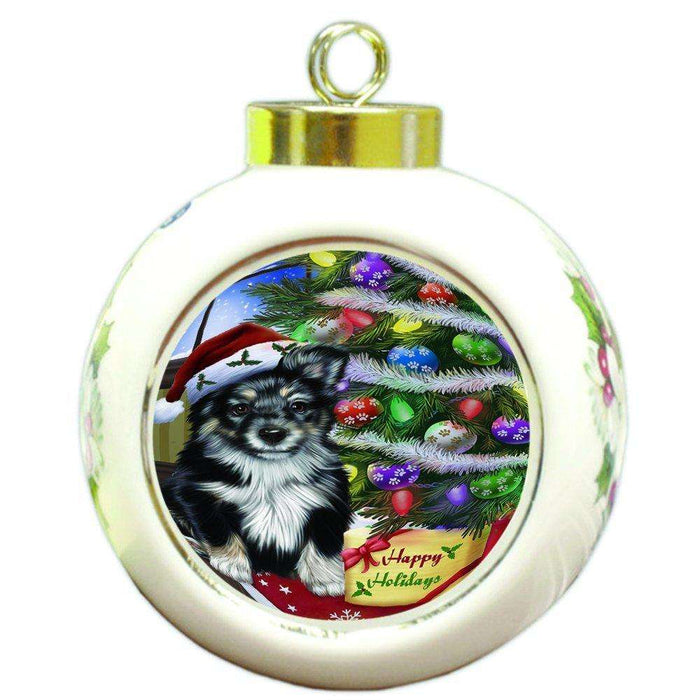 Christmas Happy Holidays Australian Shepherd Dog with Tree and Presents Round Ball Ornament D080