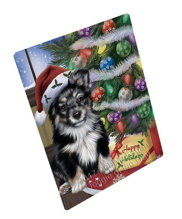 Christmas Happy Holidays Australian Shepherd Dog with Tree and Presents Tempered Cutting Board