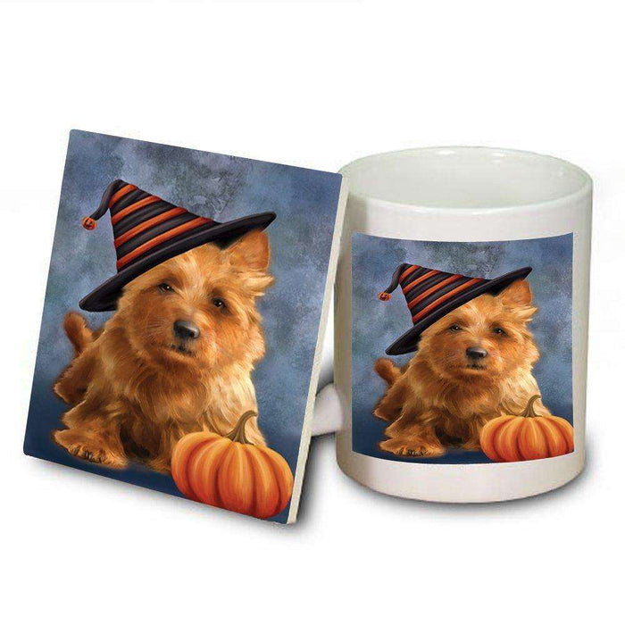 Christmas Happy Holidays Australian Terrier Dog Wearing Witch Hat Mug and Coaster Set MUC0044
