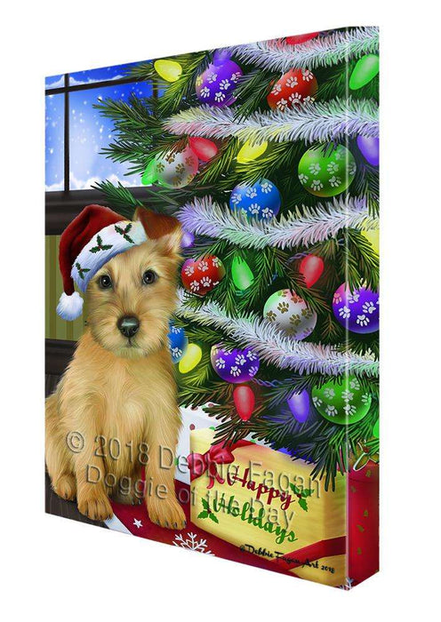 Christmas Happy Holidays Australian Terrier Dog with Tree and Presents Canvas Print Wall Art Décor CVS98801