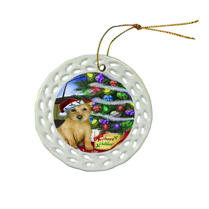 Christmas Happy Holidays Australian Terrier Dog with Tree and Presents Ceramic Doily Ornament DPOR53439