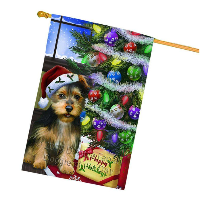 Christmas Happy Holidays Australian Terrier Dog with Tree and Presents House Flag FLG53636