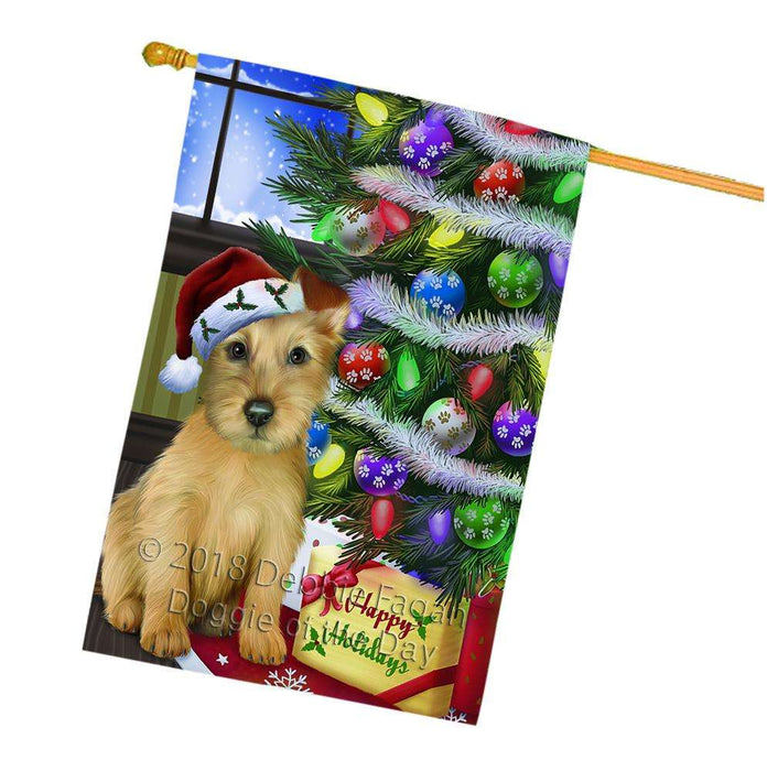 Christmas Happy Holidays Australian Terrier Dog with Tree and Presents House Flag FLG53637