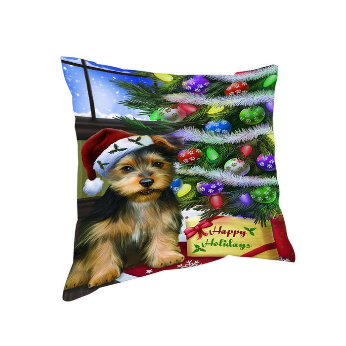 Christmas Happy Holidays Australian Terrier Dog with Tree and Presents Pillow PIL70376