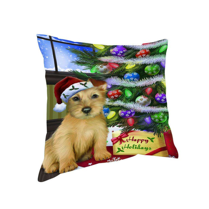 Christmas Happy Holidays Australian Terrier Dog with Tree and Presents Pillow PIL70380