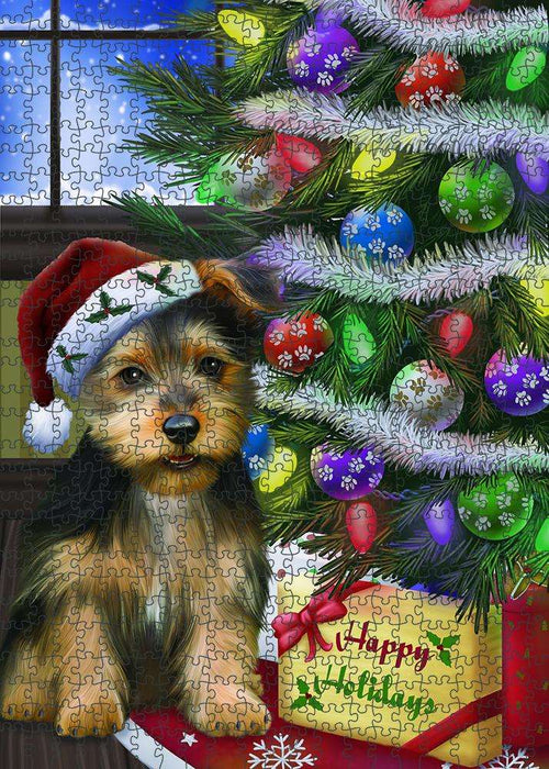 Christmas Happy Holidays Australian Terrier Dog with Tree and Presents Puzzle with Photo Tin PUZL80908