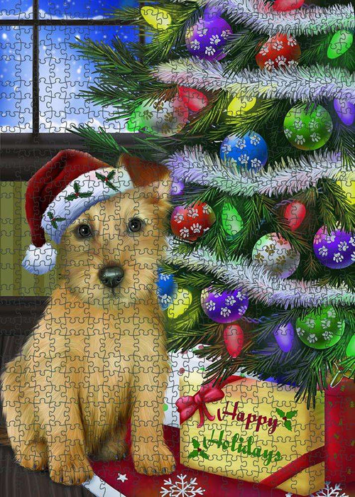 Christmas Happy Holidays Australian Terrier Dog with Tree and Presents Puzzle with Photo Tin PUZL80912