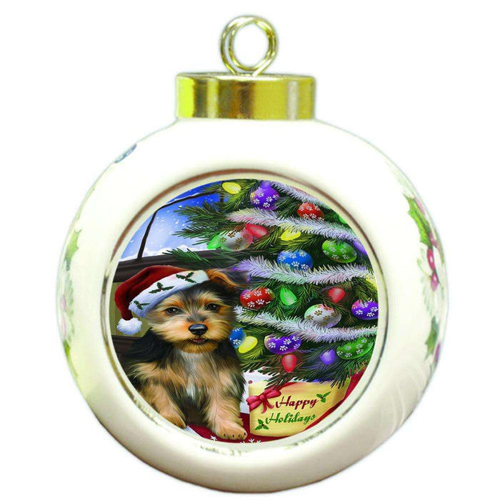Christmas Happy Holidays Australian Terrier Dog with Tree and Presents Round Ball Christmas Ornament RBPOR53438