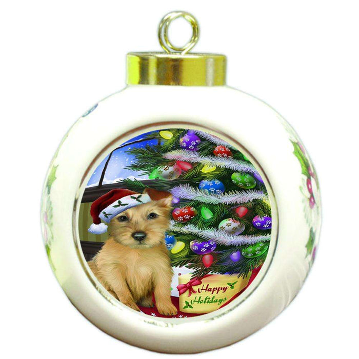 Christmas Happy Holidays Australian Terrier Dog with Tree and Presents Round Ball Christmas Ornament RBPOR53439