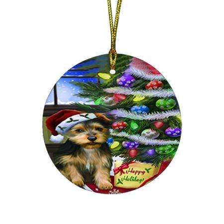 Christmas Happy Holidays Australian Terrier Dog with Tree and Presents Round Flat Christmas Ornament RFPOR53429