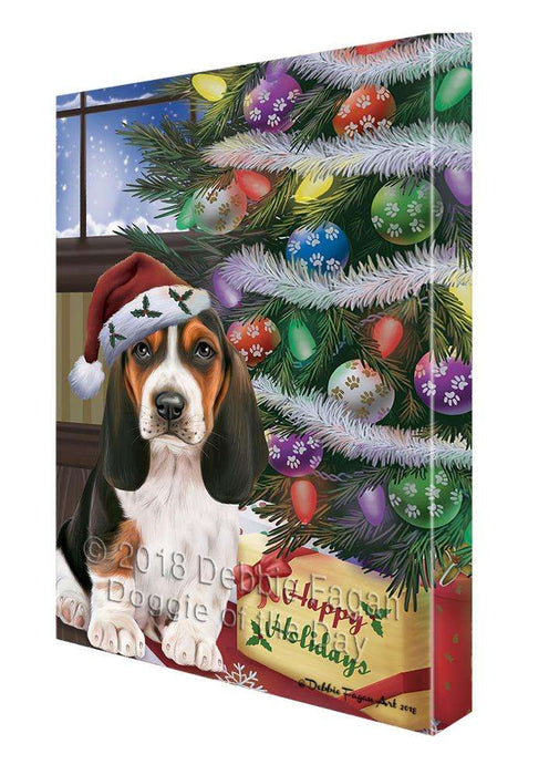 Christmas Happy Holidays Basset Hound Dog with Tree and Presents Canvas Print Wall Art Décor CVS102059