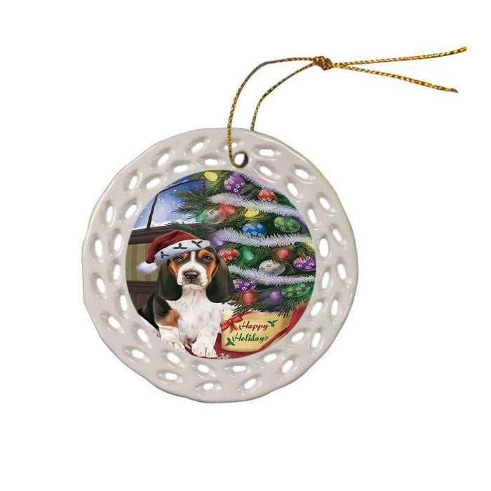 Christmas Happy Holidays Basset Hound Dog with Tree and Presents Ceramic Doily Ornament DPOR53801