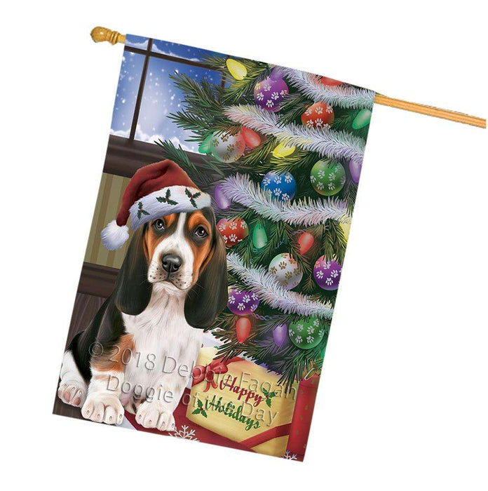 Christmas Happy Holidays Basset Hound Dog with Tree and Presents House Flag FLG53999