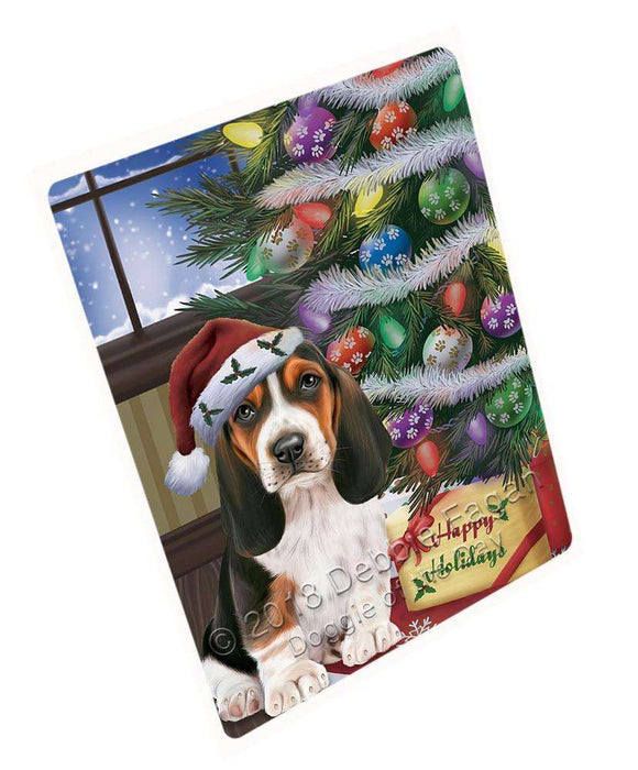 Christmas Happy Holidays Basset Hound Dog with Tree and Presents Large Refrigerator / Dishwasher Magnet RMAG83688