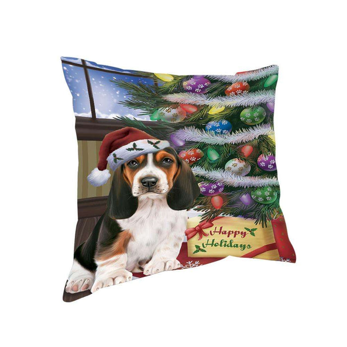 Christmas Happy Holidays Basset Hound Dog with Tree and Presents Pillow PIL71828