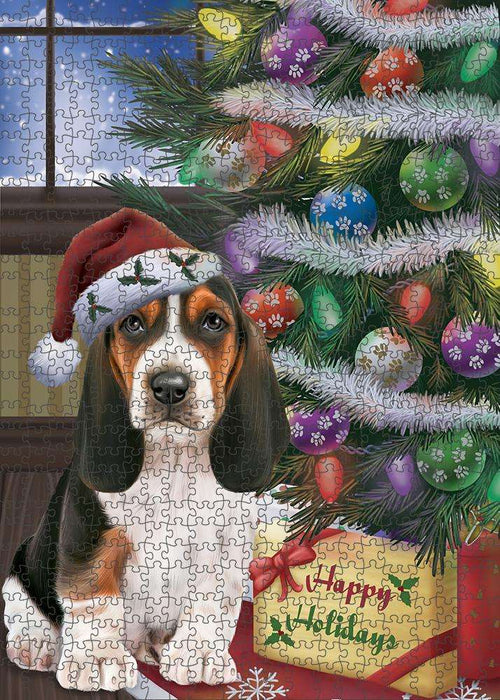 Christmas Happy Holidays Basset Hound Dog with Tree and Presents Puzzle with Photo Tin PUZL82360