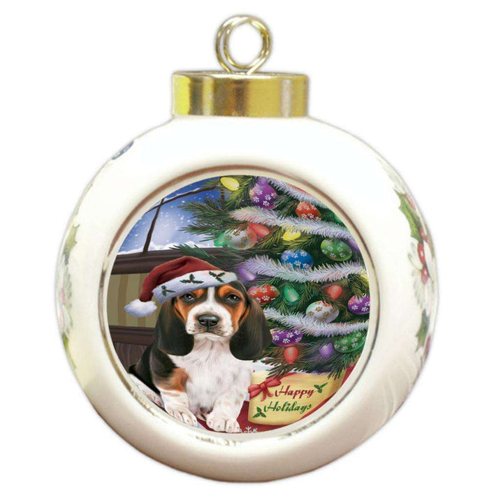 Christmas Happy Holidays Basset Hound Dog with Tree and Presents Round Ball Christmas Ornament RBPOR53801