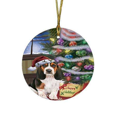 Christmas Happy Holidays Basset Hound Dog with Tree and Presents Round Flat Christmas Ornament RFPOR53792