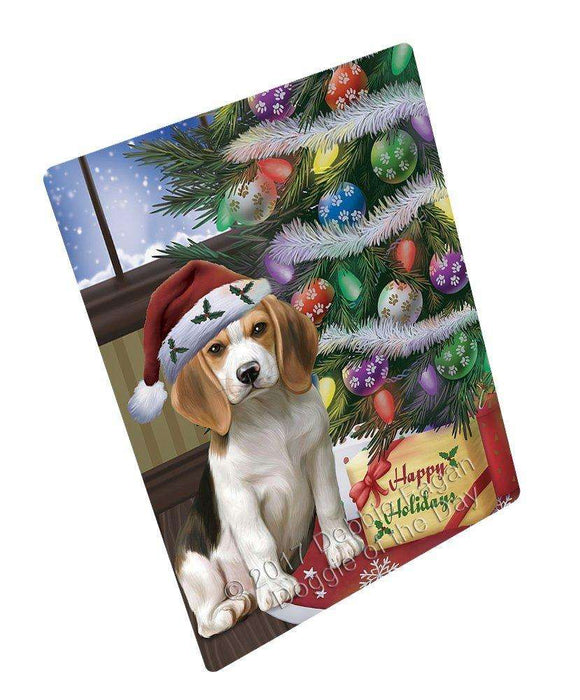 Christmas Happy Holidays Beagles Dog with Tree and Presents Art Portrait Print Woven Throw Sherpa Plush Fleece Blanket