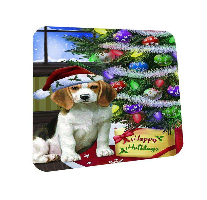 Christmas Happy Holidays Beagles Dog with Tree and Presents Coasters Set of 4