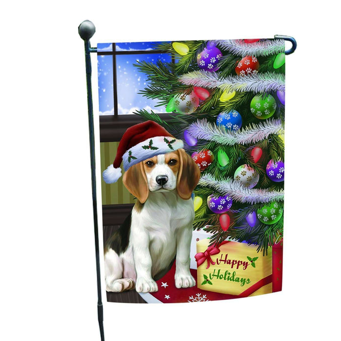 Christmas Happy Holidays Beagles Dog with Tree and Presents Garden Flag