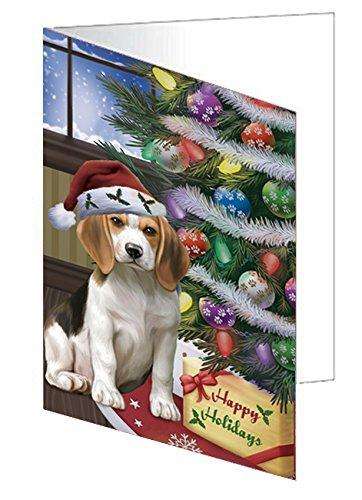 Christmas Happy Holidays Beagles Dog with Tree and Presents Handmade Artwork Assorted Pets Greeting Cards and Note Cards with Envelopes for All Occasions and Holiday Seasons