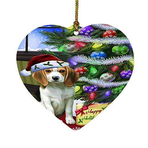 Christmas Happy Holidays Beagles Dog with Tree and Presents Heart Ornament D054