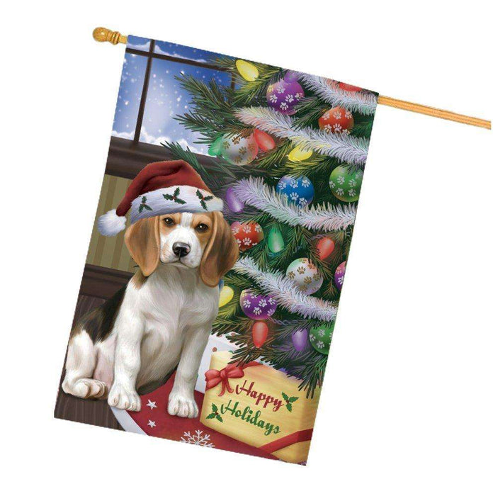 Christmas Happy Holidays Beagles Dog with Tree and Presents House Flag
