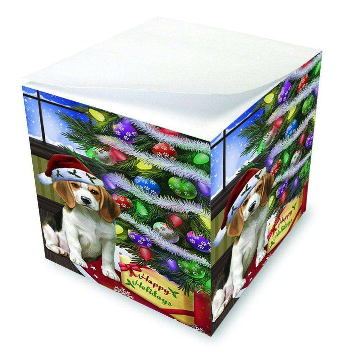 Christmas Happy Holidays Beagles Dog with Tree and Presents Note Cube D050