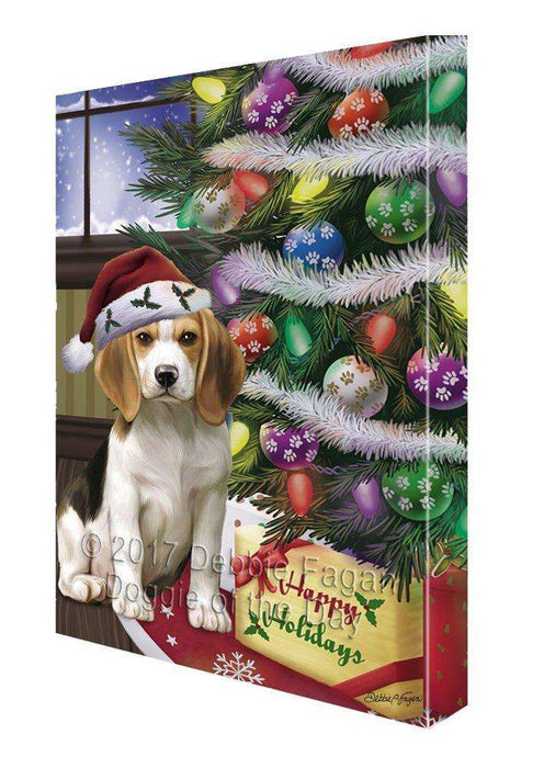 Christmas Happy Holidays Beagles Dog with Tree and Presents Painting Printed on Canvas Wall Art
