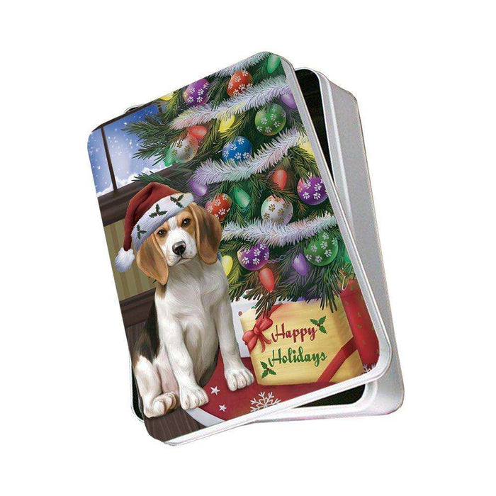 Christmas Happy Holidays Beagles Dog with Tree and Presents Photo Storage Tin