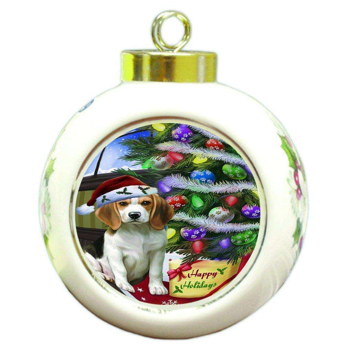 Christmas Happy Holidays Beagles Dog with Tree and Presents Round Ball Ornament D054