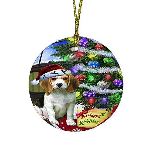 Christmas Happy Holidays Beagles Dog with Tree and Presents Round Ornament D054