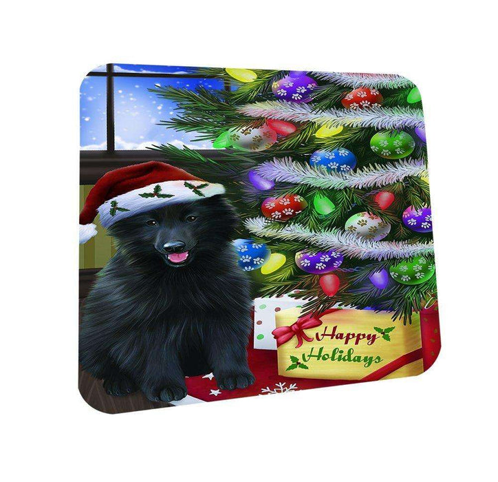 Christmas Happy Holidays Belgian Shepherds Dog with Tree and Presents Coasters Set of 4