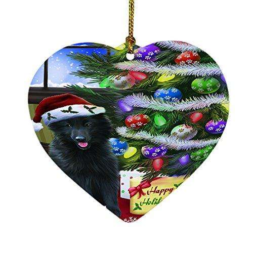 Christmas Happy Holidays Belgian Shepherds Dog with Tree and Presents Heart Ornament D055